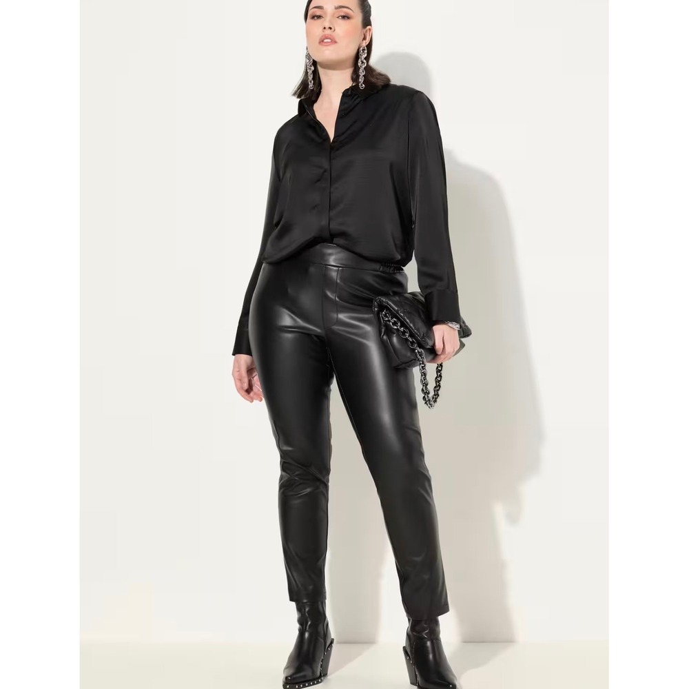 Ulla Popken Black Faux Leather Straight-Leg Pants